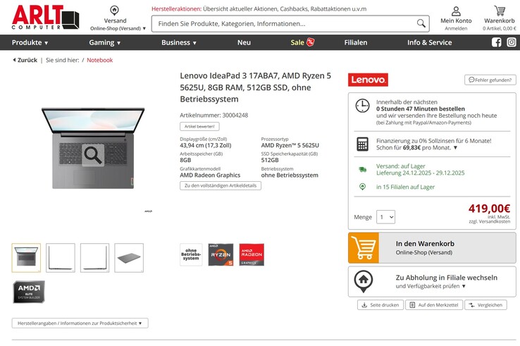 Lenovo IdeaPad 3 17ABA7 (82RQ00AGGE) im Angebot für 419 Euro.