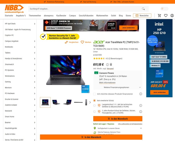 Acer TravelMate P2 TMP216-51-TCO-5609 für 611,18 Euro.