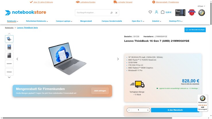 Lenovo ThinkBook 16 G7 ARP (21MW00AYGE) für 828 Euro.