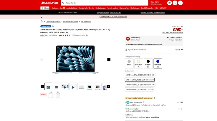 MediaMarkt Österreich bietet das MacBook Air noch günstiger als MediaMarkt Deutschland an.