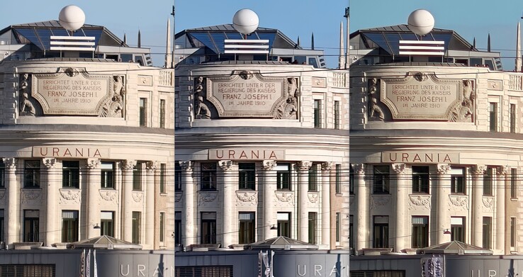 20x Zoom Crop-Vergleich: Links: Oppo mit Optik. Mitte: Vivo ohne Optik. Rechts: Oppo ohne Optik.