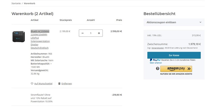 Bluetti AC200MAX: Der Deal-Preis bedingt die Eingabe des Gutscheincodes stromflaute10