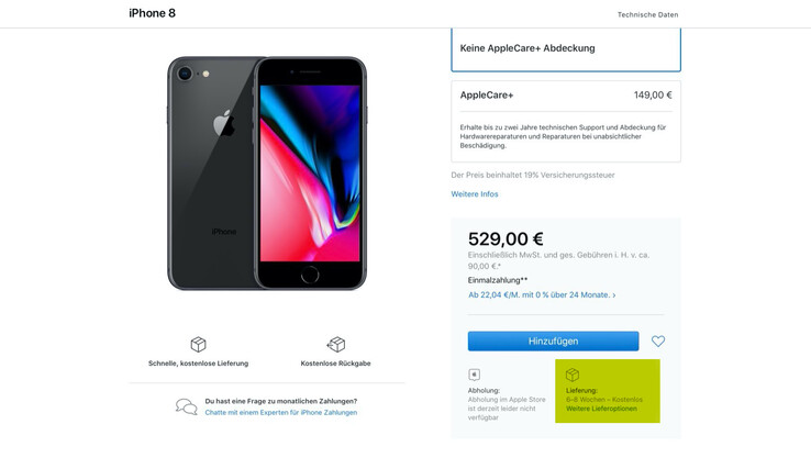 Die Lieferzeiten einiger Varianten des iPhone 8 sind auch in Deutschland auf bis zu acht Wochen gestiegen.