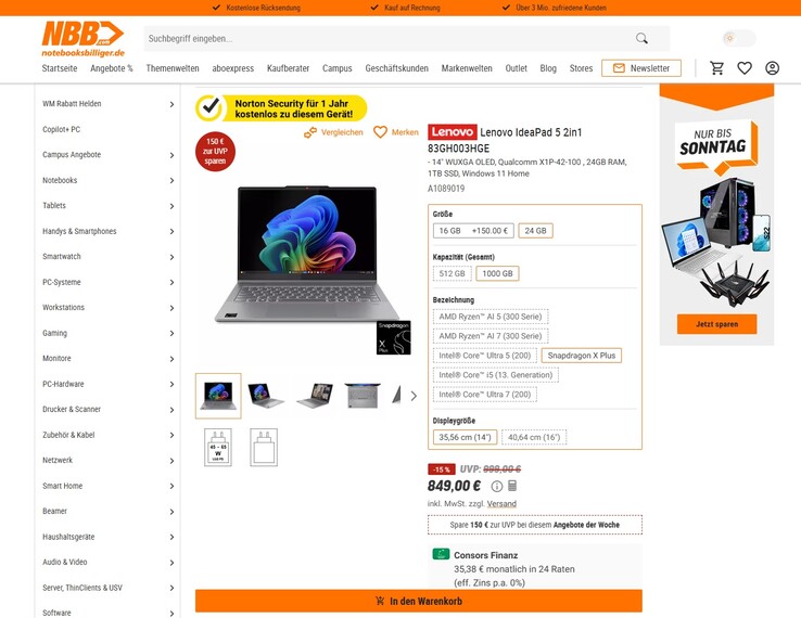 Lenovo IdeaPad 5 2-in1 14Q8X9 83GH003HGE für 849 Euro.
