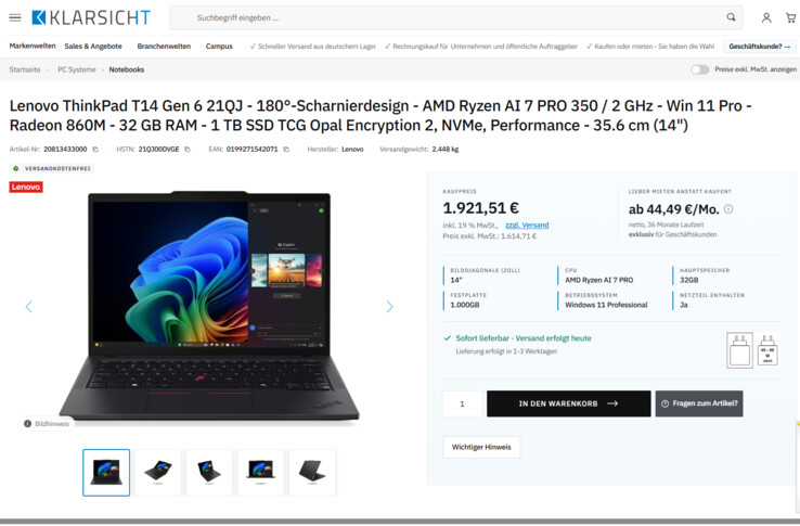 Lenovo ThinkPad T14 G6 21QJ00DVGE für 1.921,76 Euro.