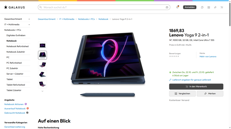 Lenovo Yoga 9 2-in-1 14IPH11 83SE000VGE für 1.869,83 Euro.