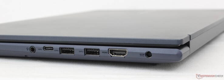 Rechts: 3,5 mm Headset, USB-C 3.2 Gen 1, 2x USB-A 3.2 Gen 1, HDMI 1.4, Strom