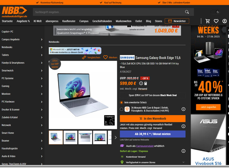 Samsung Galaxy Book4 Edge (NP750XQA-KB1DE) für 599 Euro.
