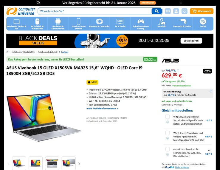 Asus VivoBook 15 OLED X1505VA-MA925 im Angebot für 629 Euro.