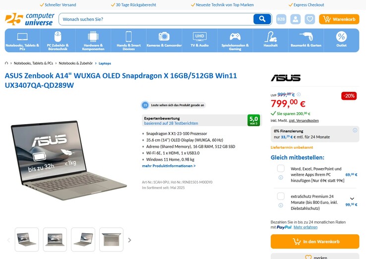 Asus ZenBook A14 UX3407QA-QD289W im Angebot für 799 Euro.