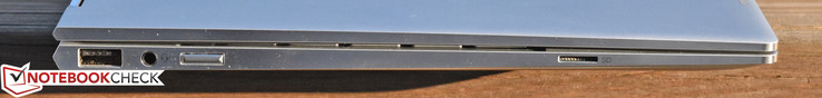 Links: USB Typ-A, Kombi-Audiobuchse, Einschaltknopf, MicroSD-Kartenlesegerät