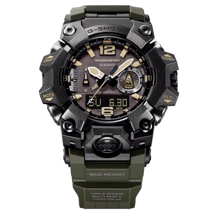 Nahaufnahme des Zifferblatts der G-Shock Mudmaster GWG-B1000-1A3 mit beigen Stundenmarkierungen, Leuchtzeigern, Digitalanzeige und Kompassmarkierungen