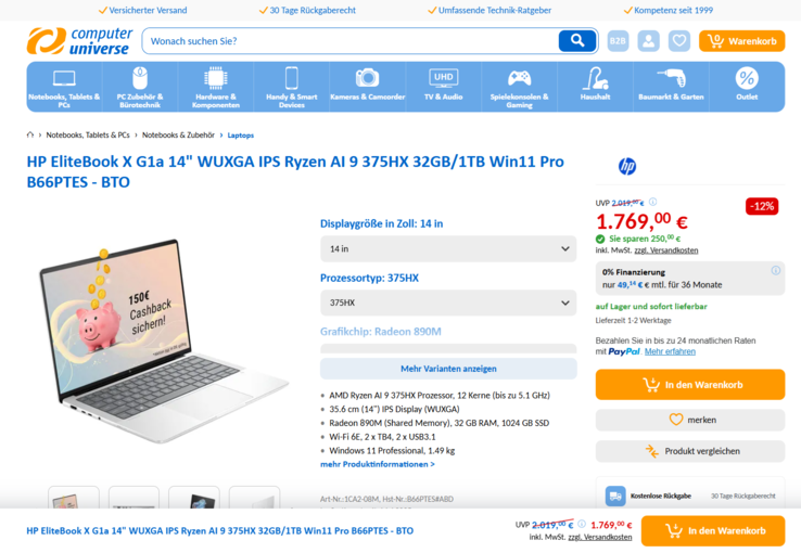 HP EliteBook X G1a B66PTES für 1.769 Euro.
