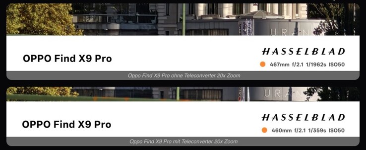 Bei Einsatz der externen Optik ändern sich Verschlusszeit und/oder ISO-Werte stark, was auf einen Lichtverlust deutet.