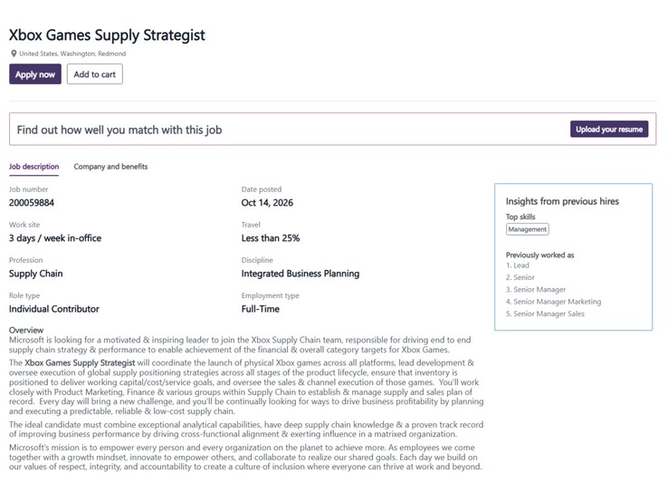 Ein Screenshot aus dem Karrieriebereich der offiziellen Microsoft-Website, der eine offene Stellenbeschreibung für einen Xbox Games Supply Strategist zeigt. 