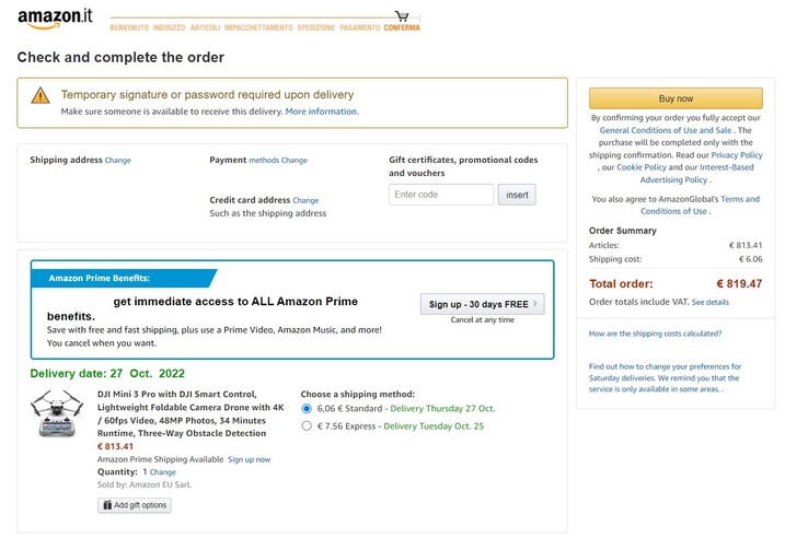 Aktuell bei Amazon Italien ab etwa 813 Euro im Angebot: Die DJI Mini 3 Pro Drohne mit DJI RC.