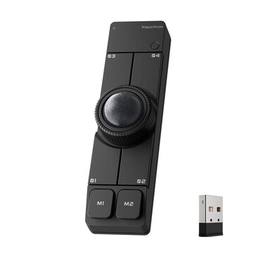 Die kabellose Keychron Nape Pro Trackball-Maus in Schwarz mit einem USB-Type-A-Dongle.