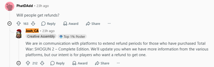 Der als Creative Assembly-Mitarbeiter gekennzeichnete Reddit-User u/Josh_CA bestätigt, dass verlängerte Rückerstattungsfristen mit den Spieleplattformen besprochen werden.