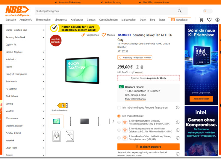 Samsung Galaxy Tab A11+ (SM-X236BZSPEUB) für 299 Euro. Hinweis: NBB nennt 6 GB RAM, die zugehörige Modellnummer entspricht aber einem 8-GB-Modell.