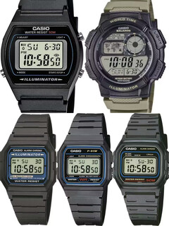 Casio: W-202-1AVEF, AE-1000, F-105W-1AWYEF, F-91W-1YEG und W-59-1VQES (von links oben nach rechts unten)