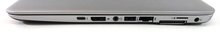 rechts: USB-C Gen1, DisplayPort 1.2, SD-Kartenleser (nicht sichtbar), 3,5-mm-Audio, USB 3.0, RJ45, Docking-Anschluss, Micro-SIM, Netzteil